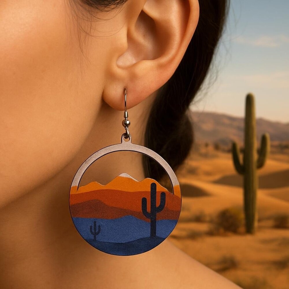 Hand-Painted Wood Southwest Cactus Earrings with Sunset Hypoallergenic Hooks NEW